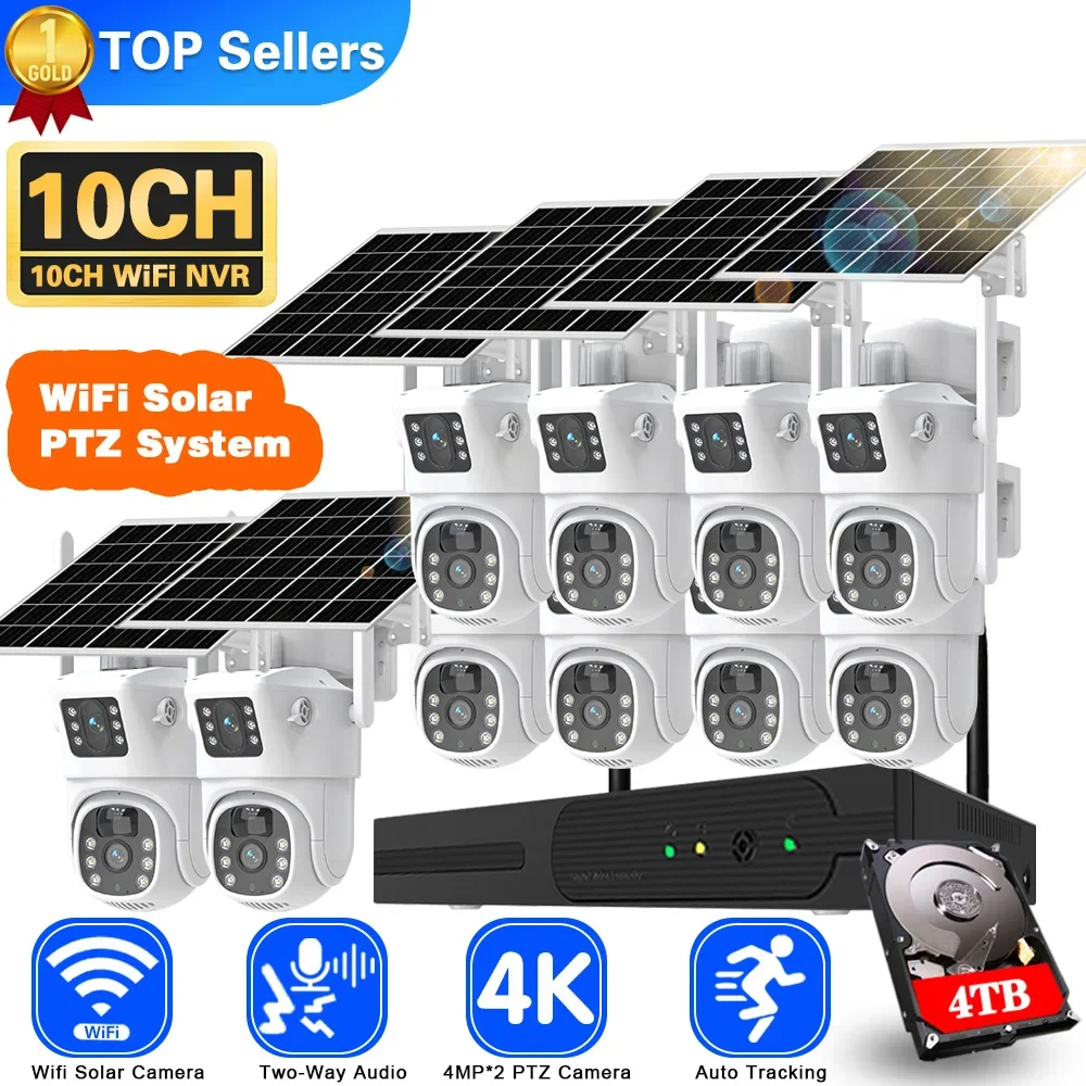 Home Security Camera - ソーラーcctvカメラシステム,デュアルレンズ,nvrキット,ワイヤレス,双方向オーディオ,ptz,ipセキュリティ,ビデオ監視セット,Wi-fi,4k,8mp,10ch