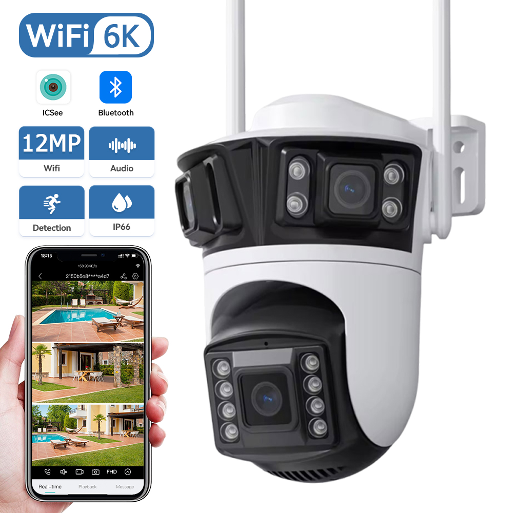 Home Security Ai - 6K 12MP HD 3レンズ屋外カメラセキュリティWifi 6MPトリプルカメラシステムAI人感センサーWiFi ICseeアプリCCTV防水