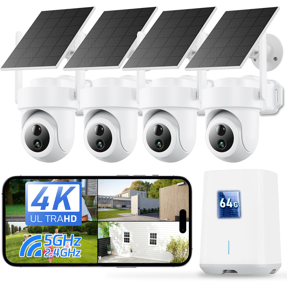 Home Security Ai - 8MP 4Kソーラーカメラシステム 4カメラキット ワイヤレス屋外AI検知 モーショントラッキング 屋外ホームセキュリティシステム