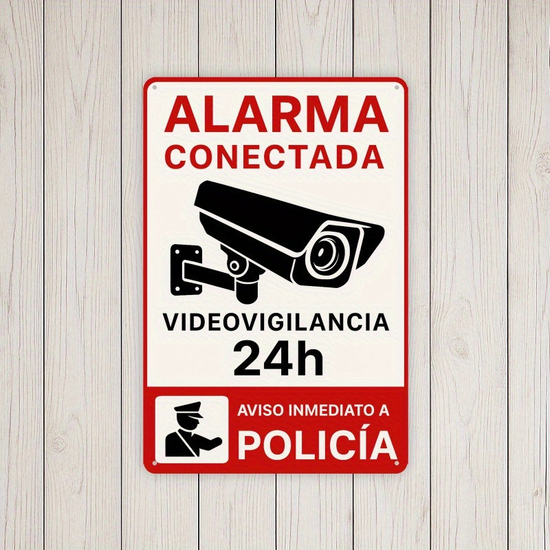 Home Security Logo - スペイン語「監視警報通知」メタルサイン - ヴィンテージセキュリティカメラ＆警報システムウォールアート、取り付け簡単、耐久性あり