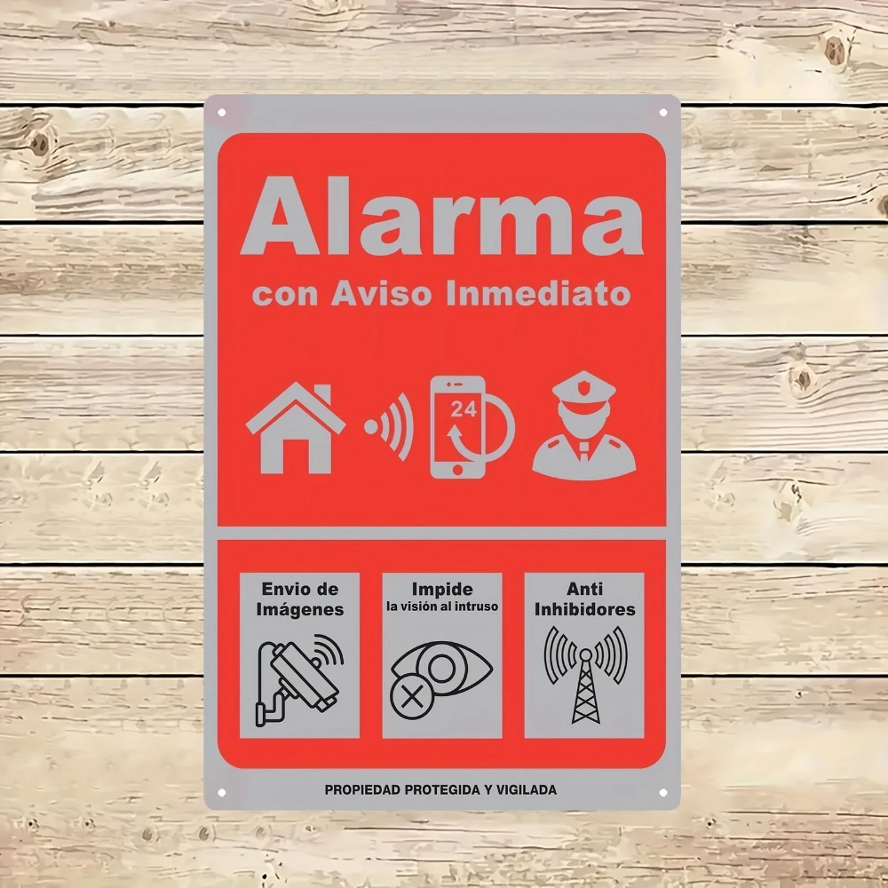 Home Security Logo - アルミニウム金属製サイン壁飾り、赤灰色の24時間アラーム警察モバイルスペイン語グラフィック錆びたプレート、別荘の庭の屋外装飾用